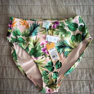 Kona Sol Tropical Print Bikini Bottom - Green and Pink Size M NWT